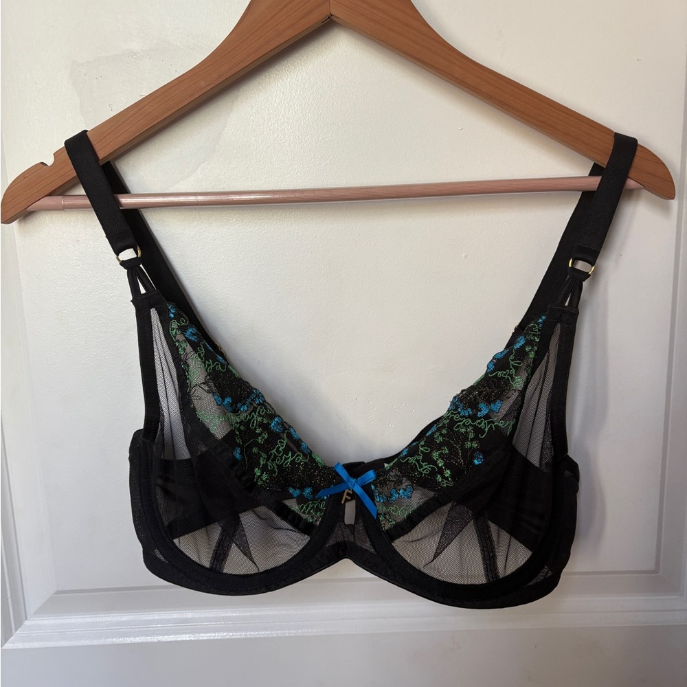 Freya Black Sheer Bra with Blue and Green Sparkly Embroidery 32 DDD